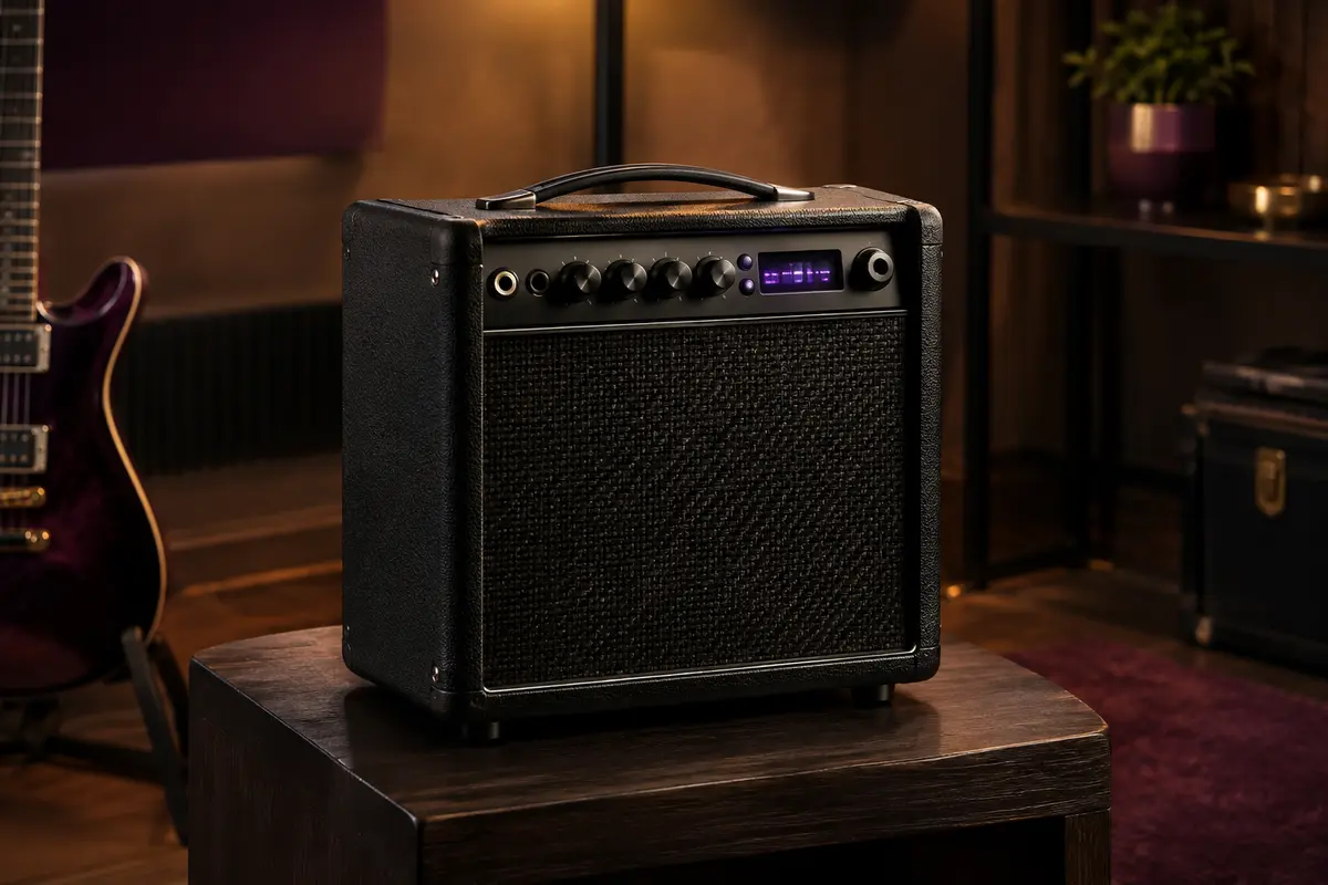 Ampli combo guitare noir compact, avec écran LED et commandes visibles, posé sur un support en bois sombre.