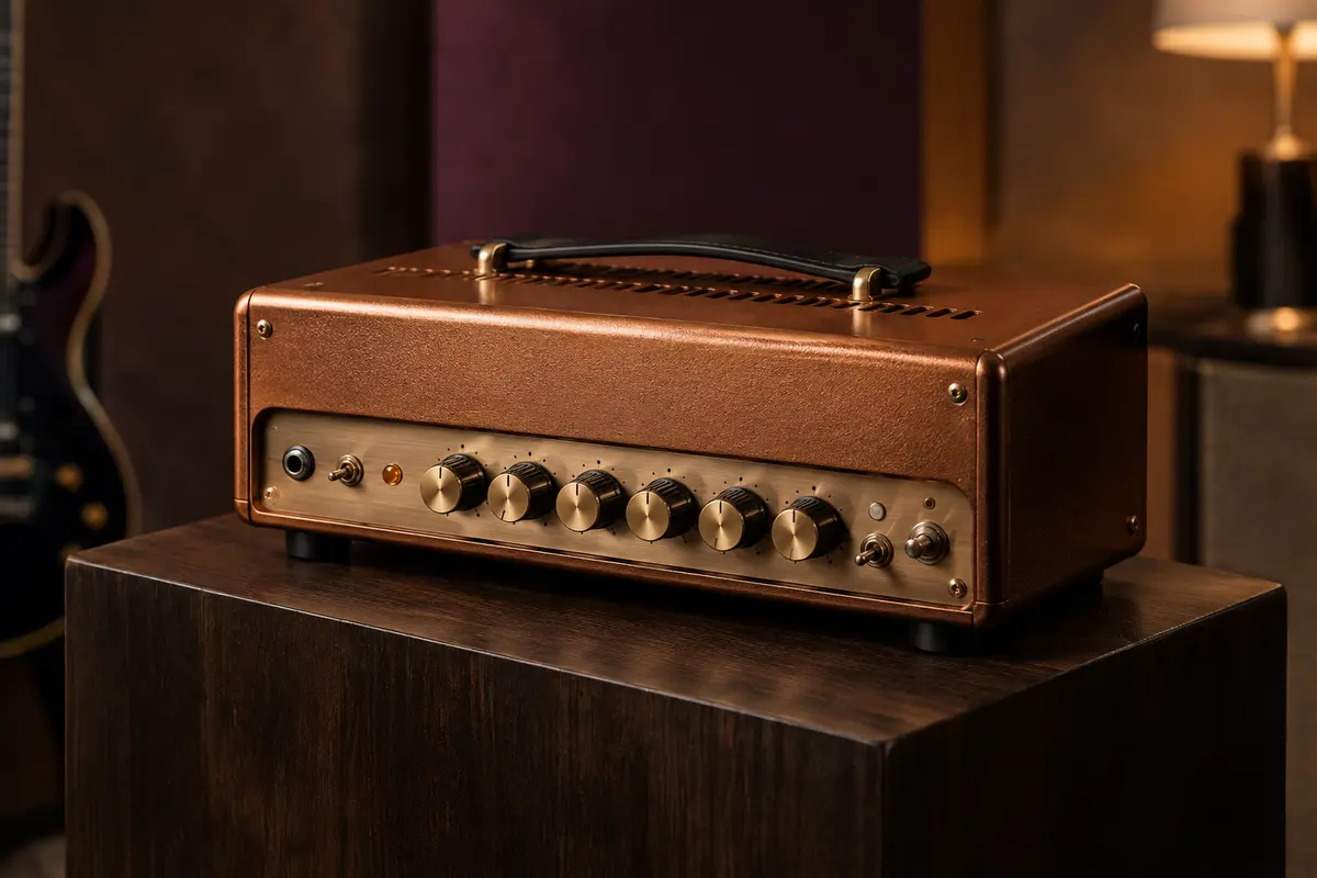 Tête d’ampli guitare cuivrée présentée seule sur un support en bois sombre, dans un studio soigné.