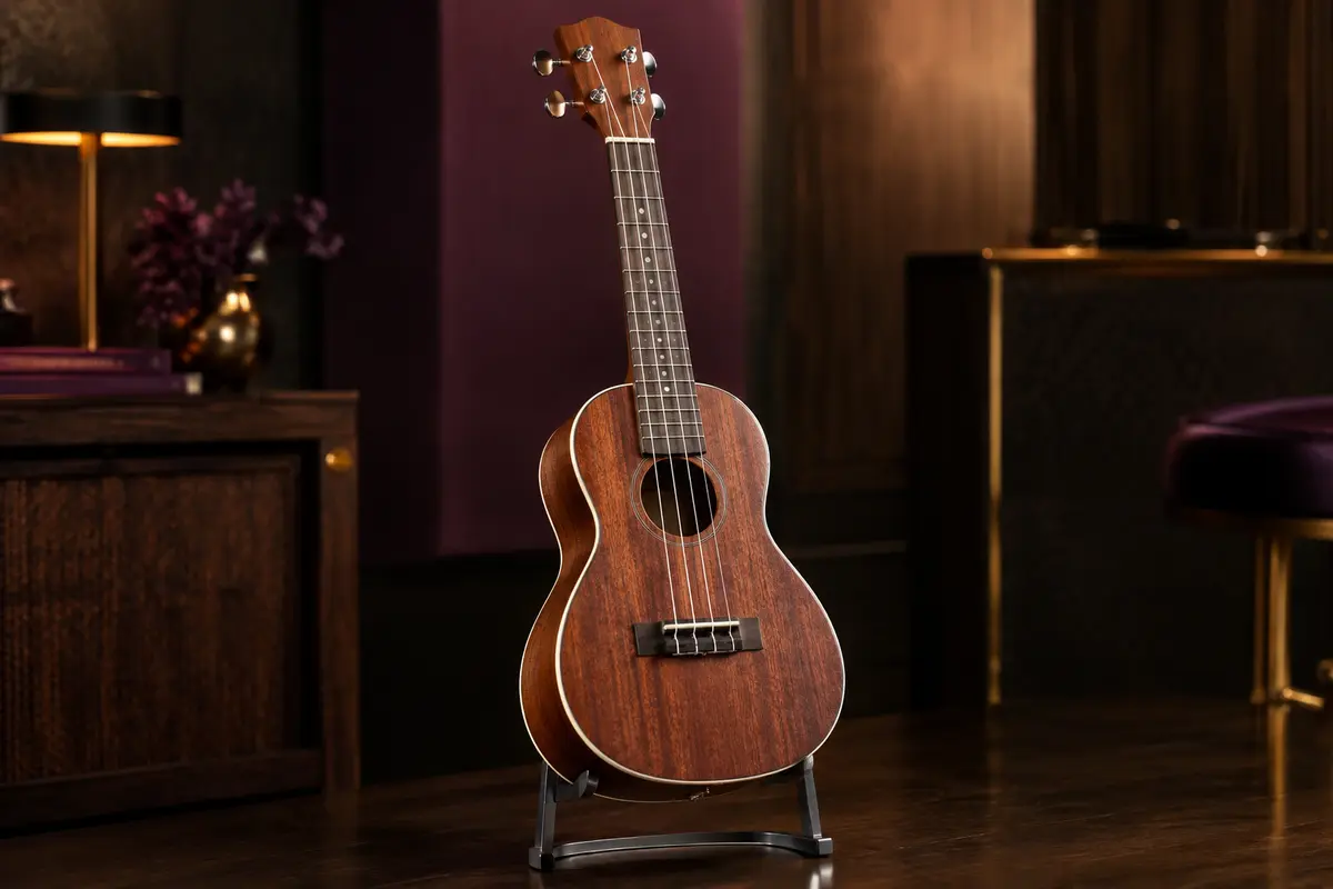 Ukulélé concert Kala en acajou satiné, bordure crème brillante et mécaniques chromées sur un support sobre.