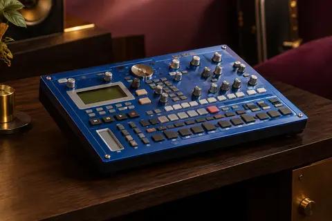Station de production musicale Korg Electribe bleue avec patins dynamiques et commandes rotatives