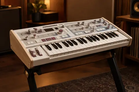 Synthétiseur Korg microKORG S blanc avec éléments en bois d’érable, posé sur un support en studio