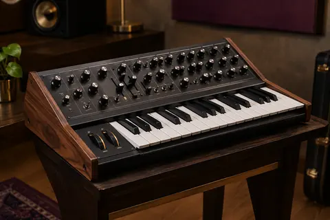 Synthétiseur analogique monophonique noir à 25 touches posé sur un support en bois sombre