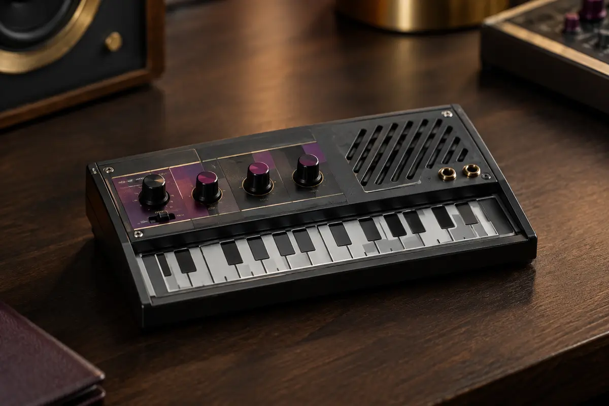 Synthétiseur miniature Korg Monotron Delay posé sur un support en bois sombre dans un studio soigné.