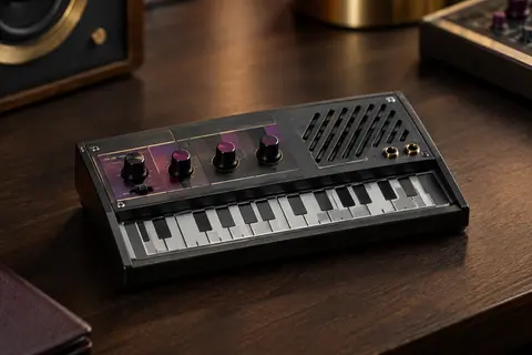 Synthétiseur miniature Korg Monotron Delay posé sur un support en bois sombre dans un studio soigné.