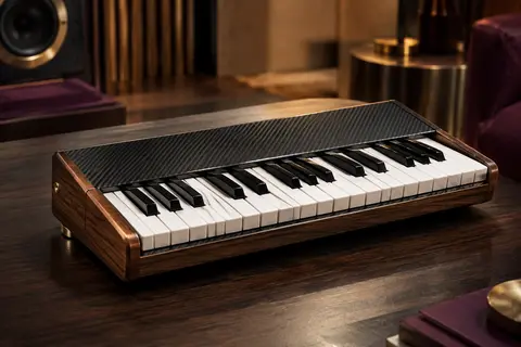 Synthétiseur numérique Korg Nu:Tekt NTS-1 compact posé sur un support en bois sombre, en lumière douce.