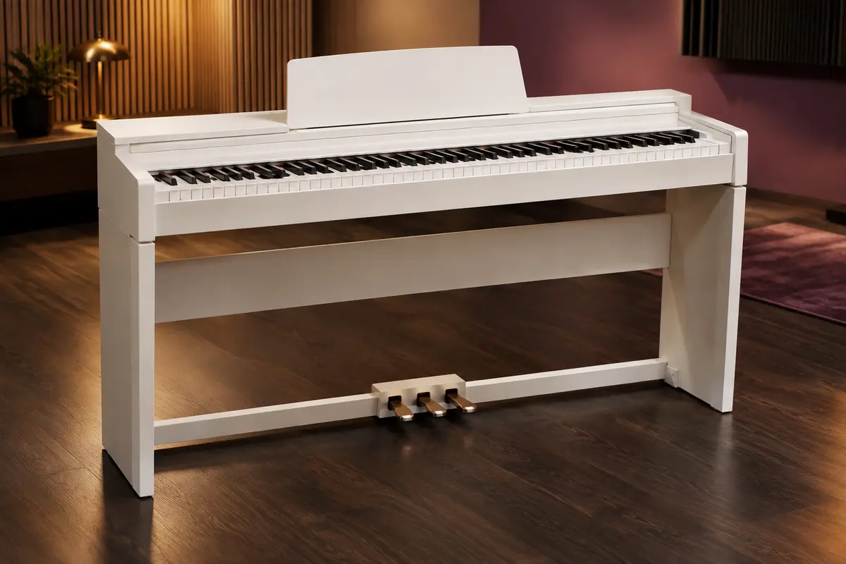Piano numérique blanc à 88 touches lestées avec pédalier triple dans un studio épuré.