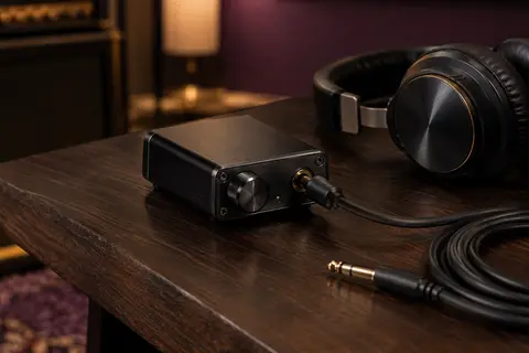 Mini ampli casque Lekato noir en métal posé sur du bois sombre avec un casque filaire et un câble audio.