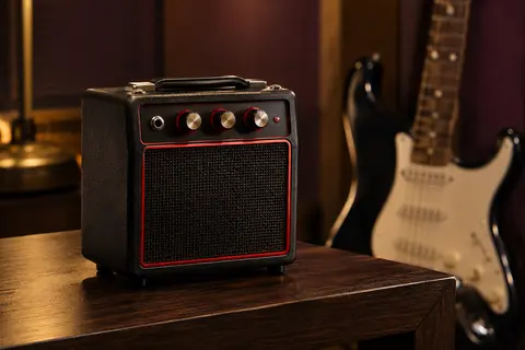 Mini ampli de guitare noir et rouge posé sur un support en bois sombre dans un studio de répétition.