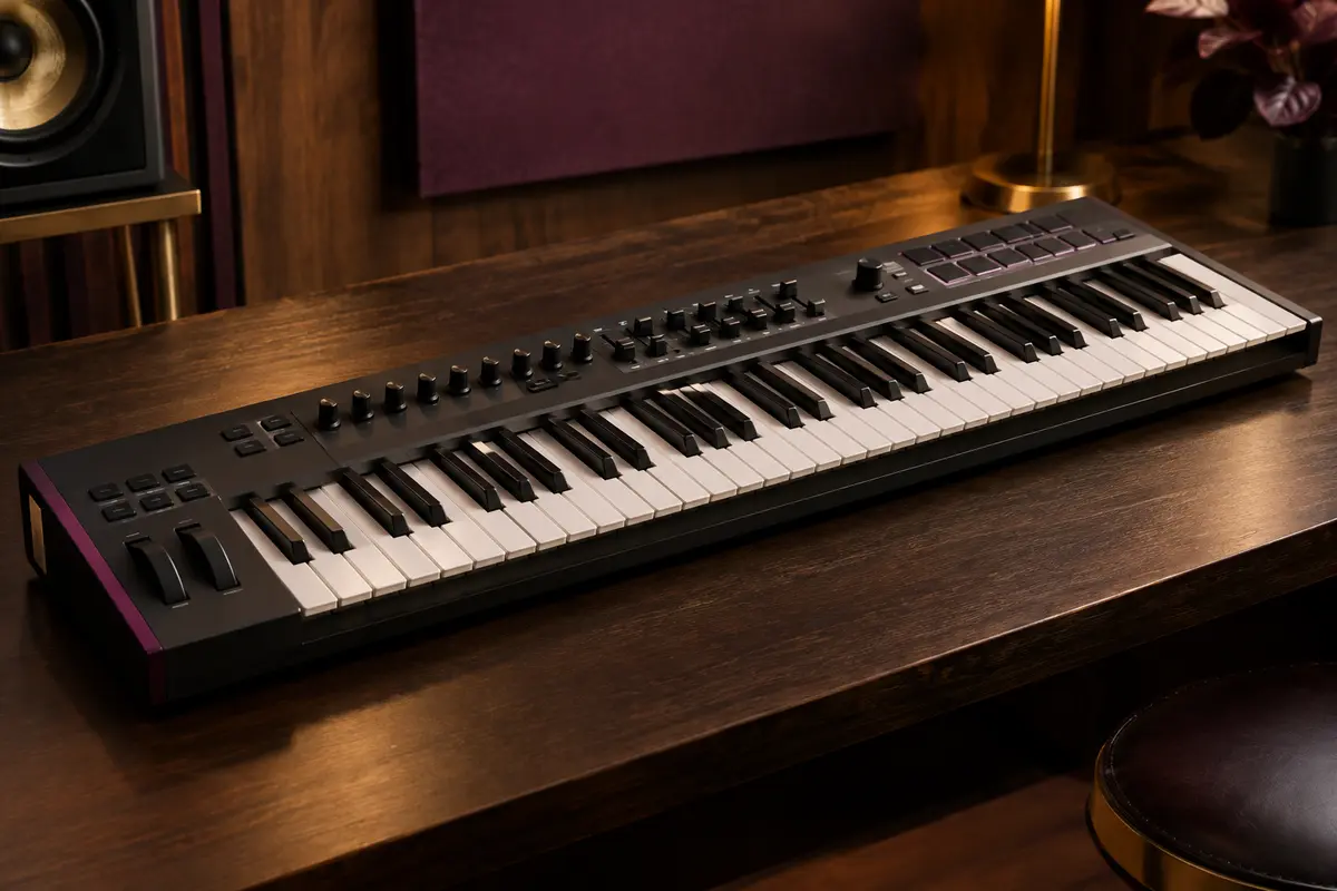 Contrôleur MIDI noir à 49 touches avec fader, boutons de commande et molettes de pitch et de modulation