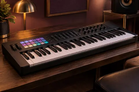 Contrôleur MIDI noir de 61 touches avec pads RGB, potentiomètres et faders sur un support en bois sombre.
