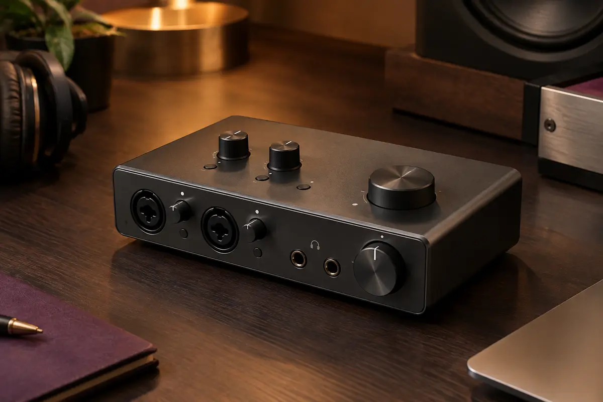 Interface audio M-Audio M-Track Solo gris foncé posée sur un bureau de studio au décor sobre