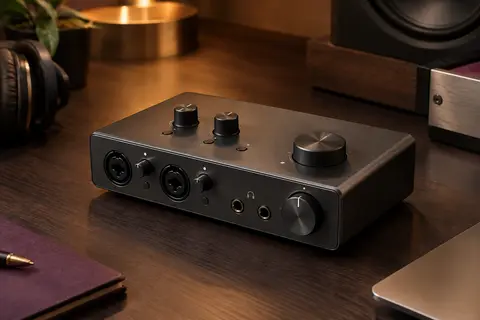 Interface audio M-Audio M-Track Solo gris foncé posée sur un bureau de studio au décor sobre