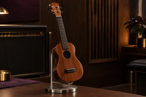 Ukulélé soprano Mad About en bois brun chocolat, avec quatre cordes noires et mécaniques à engrenages