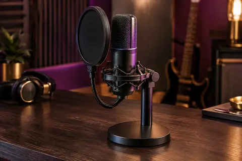 Microphone USB gaming noir avec filtre anti-pop, support de bureau et éclairage RGB doux.