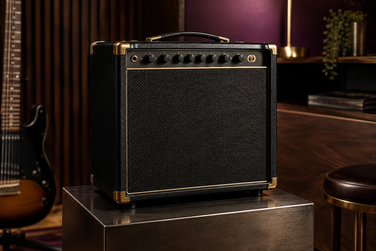Amplificateur combo Marshall MG10G noir aux détails dorés, posé sur un support dans un studio de répétition.
