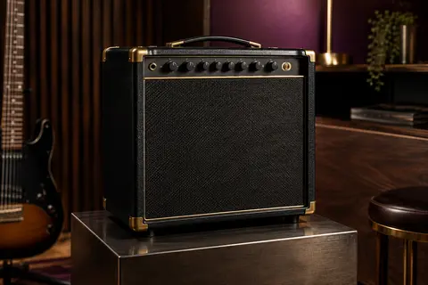 Amplificateur combo Marshall MG10G noir aux détails dorés, posé sur un support dans un studio de répétition.