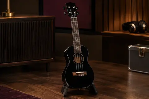 Ukulélé soprano acoustique noir à quatre cordes, finition brillante, posé sur un support en bois sombre.