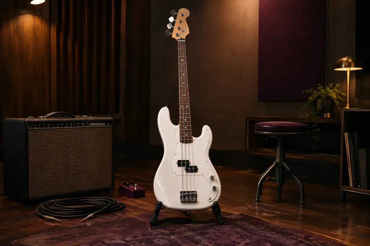Basse électrique blanche à quatre cordes présentée avec son ampli et ses accessoires dans un studio chaleureux.