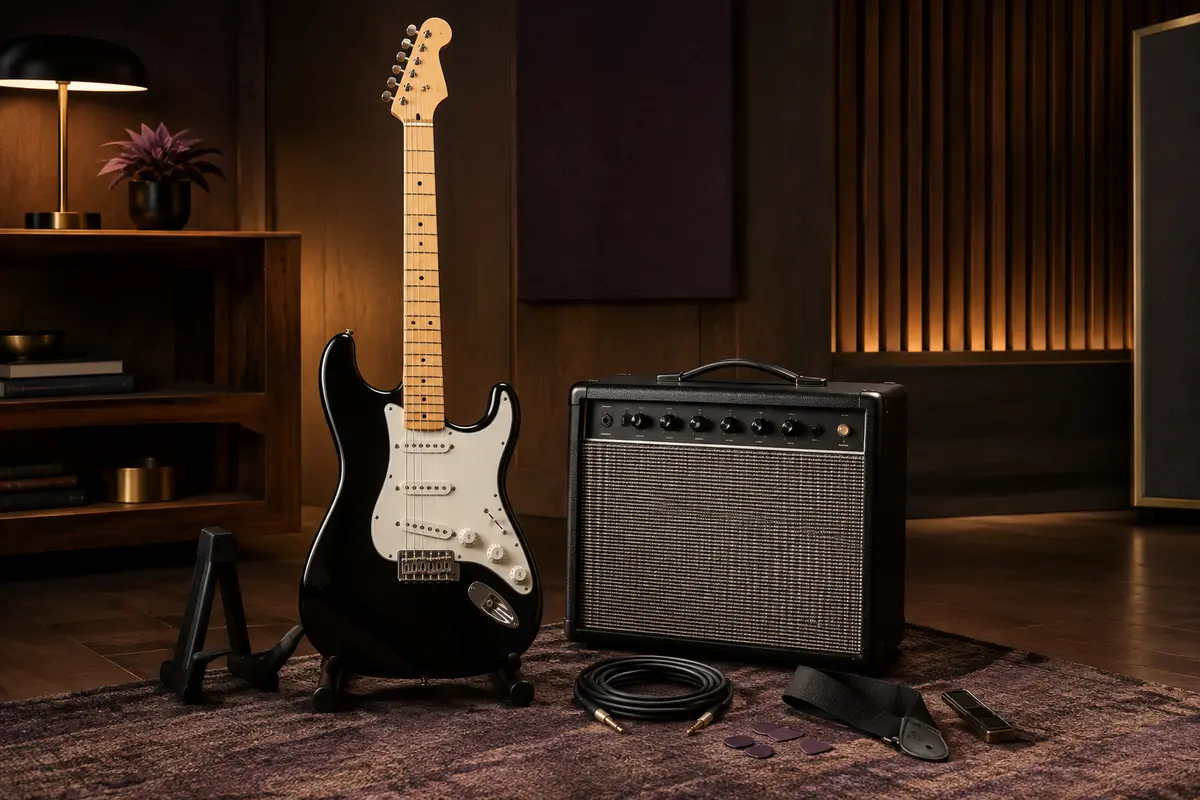 Pack de guitare électrique noir et blanc avec amplificateur et accessoires dans un studio chaleureux