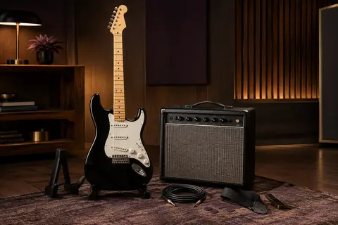 Pack de guitare électrique noir et blanc avec amplificateur et accessoires dans un studio chaleureux