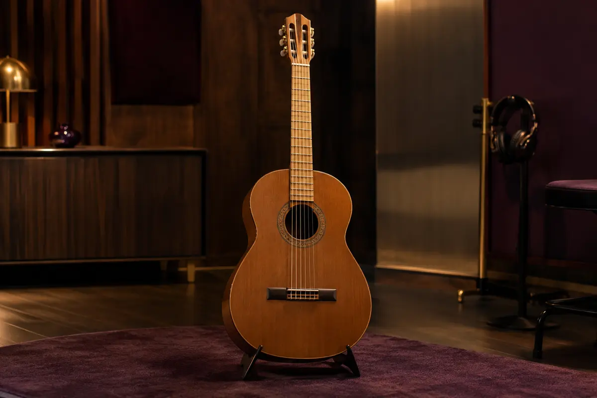 Guitare classique Max SoloArt marron à cordes en nylon, présentée seule dans un studio chaleureux.