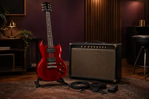 Pack guitare électrique Double Cut rouge cerise avec amplificateur et accessoires sur fond de studio chaleureux