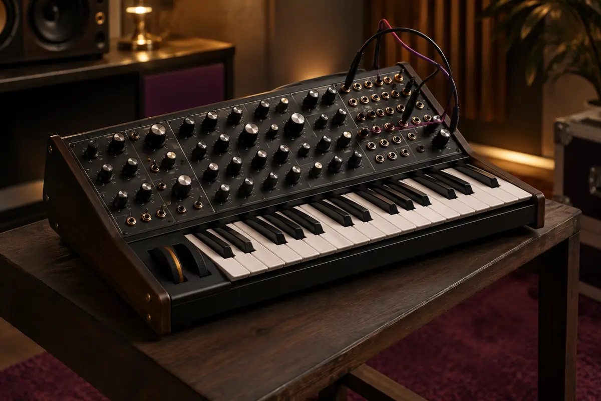Synthétiseur analogique semi-modulaire noir posé sur un support en bois sombre dans un studio soigné.