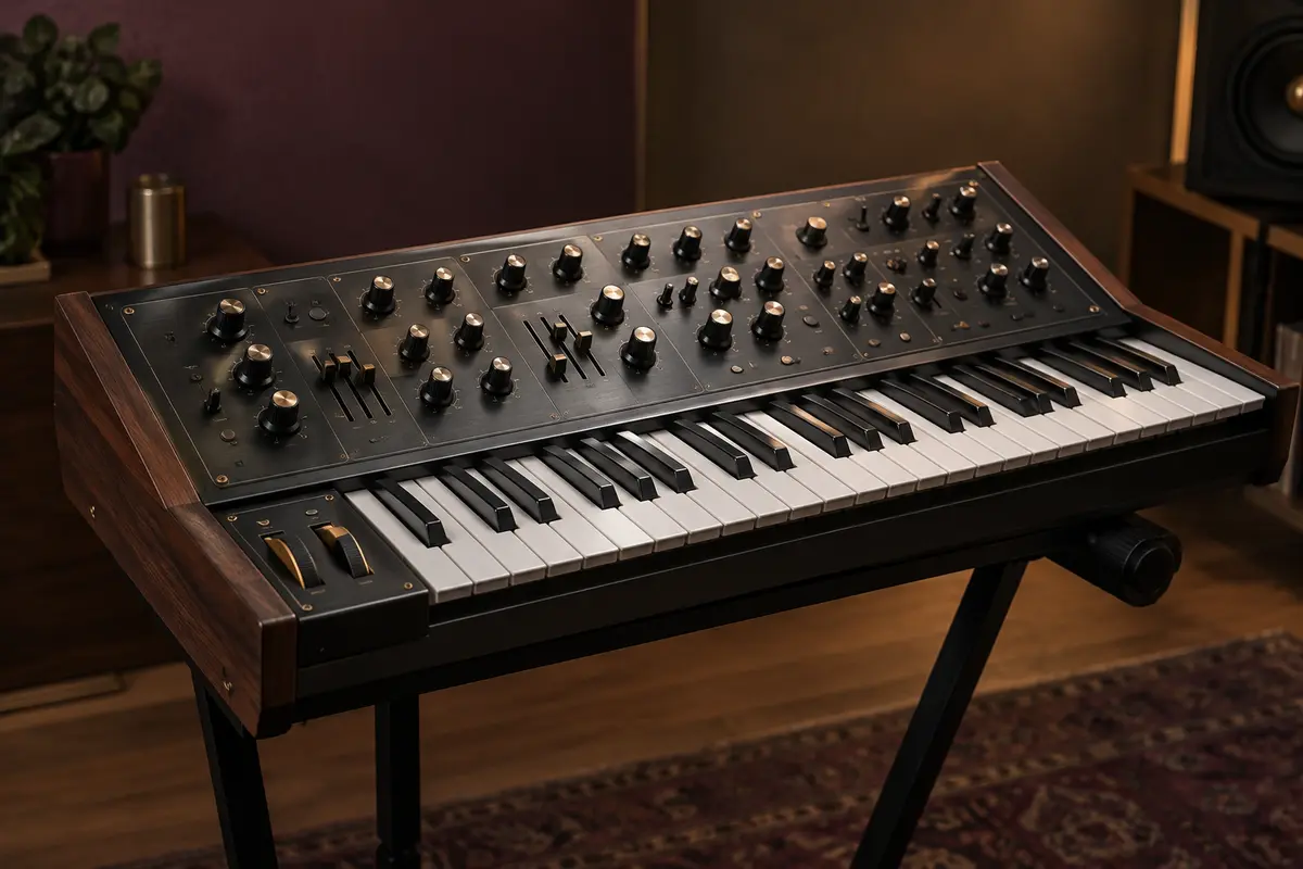 Synthétiseur Moog Messenger noir avec clavier de 32 touches et panneau de commandes, présenté dans un studio soigné.