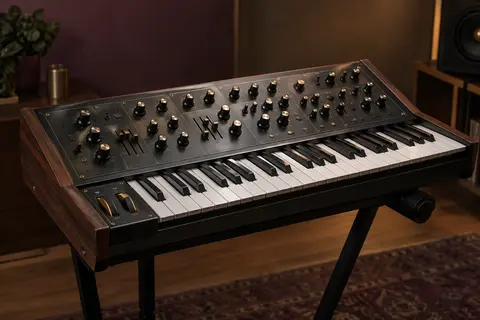 Synthétiseur Moog Messenger noir avec clavier de 32 touches et panneau de commandes, présenté dans un studio soigné.