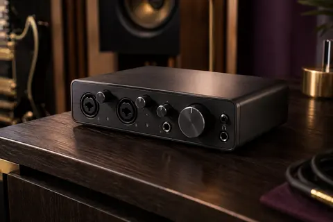 Interface audio noire compacte posée sur un support en bois sombre dans un studio à la lumière douce.