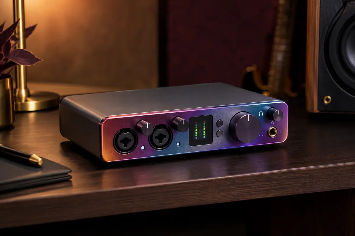 Interface audio Motu M2 compacte au boîtier métallique, posée sur un support en bois sombre dans un studio
