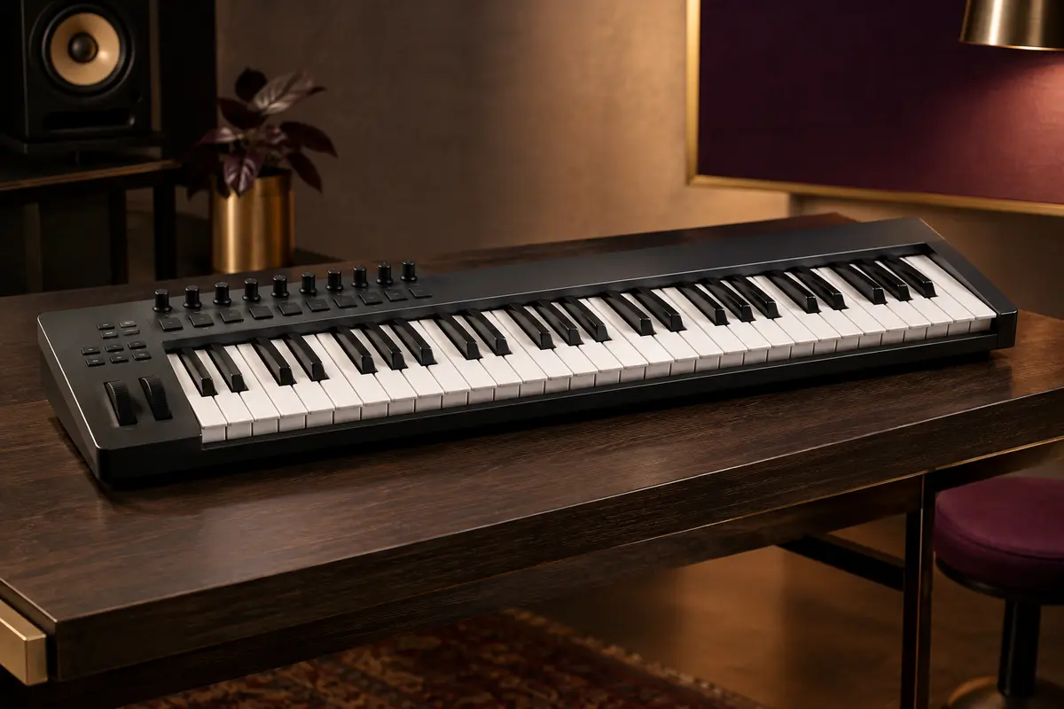 Contrôleur MIDI Nektar SE49 à 49 touches, posé sur un support en bois sombre dans un studio