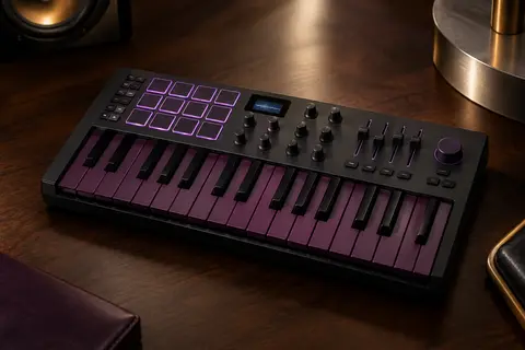 Contrôleur MIDI Novation noir avec mini-touches, pads rétroéclairés et écran OLED sur un support sombre