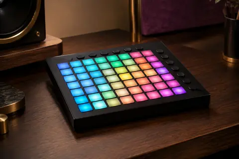 Contrôleur Novation Launchpad Mini MK3 noir, avec une grille de 64 pads RVB sur un bureau de studio.