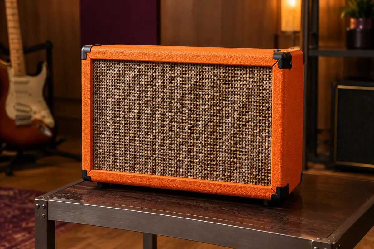 Baffle guitare compact orange avec grille tissée, posé sur un support dans un studio chaleureux.