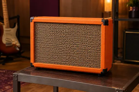 Baffle guitare compact orange avec grille tissée, posé sur un support dans un studio chaleureux.