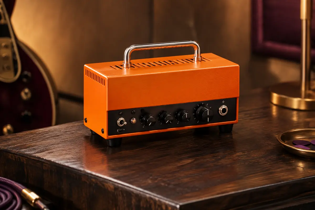 Tête d’ampli guitare Orange Micro Terror compacte, finition orange, présentée seule sur un support en bois sombre.