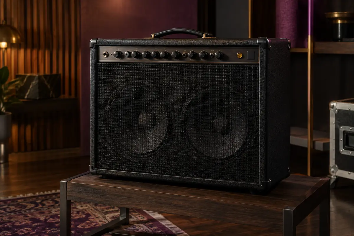 Ampli guitare noir Positive Grid Spark 2 avec deux haut-parleurs, présenté seul dans un studio chaleureux