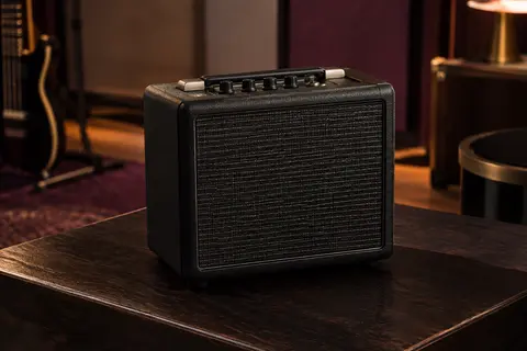 Mini-ampli guitare Positive Grid noir à grille tissée présenté sur un support en bois sombre