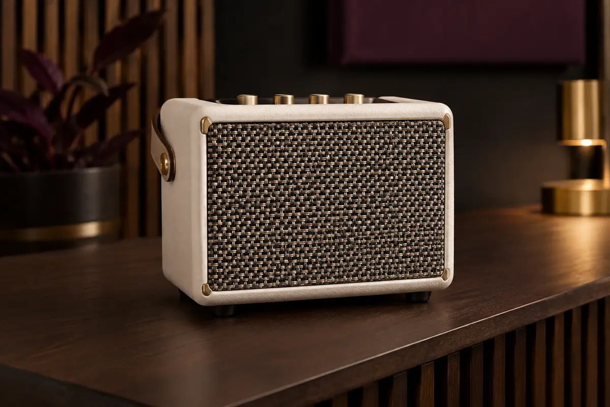 Mini ampli guitare Positive Grid Spark Mini à finition Pearl, posé sur un support en bois sombre.