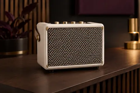 Mini ampli guitare Positive Grid Spark Mini à finition Pearl, posé sur un support en bois sombre.