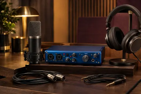 Interface audio bleue AudioBox USB 96 avec microphone M7 et casque HD7 sur un support de studio