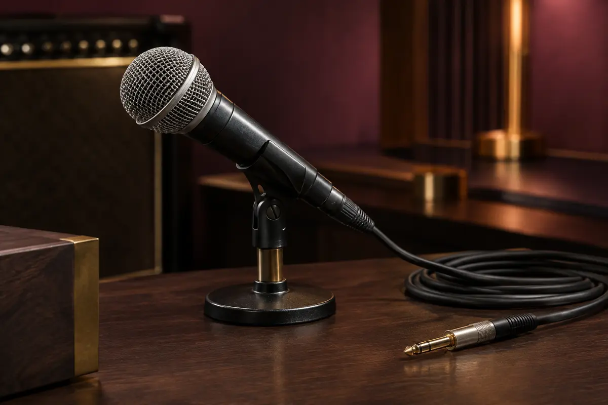 Microphone dynamique Pyle noir et argent à grille métallique, posé dans un studio de répétition sobre.