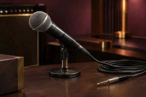 Microphone dynamique Pyle noir et argent à grille métallique, posé dans un studio de répétition sobre.