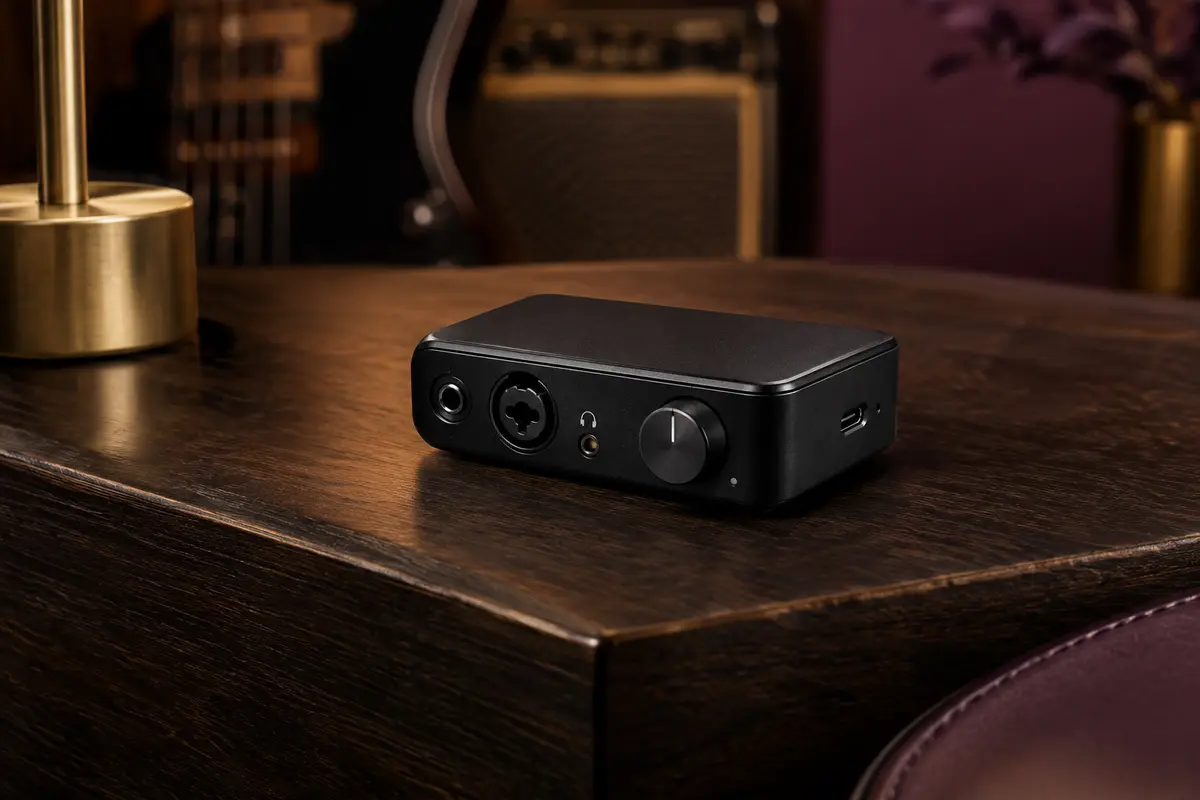 Interface audio compacte noire Røde AI-Micro posée sur un support en bois sombre dans un studio