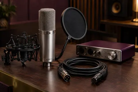 Microphone à condensateur avec suspension antichoc, filtre anti-pop et interface audio USB sur un support de studio