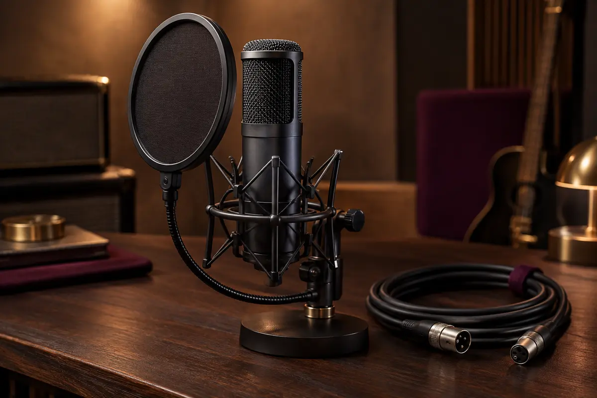 Microphone de studio noir avec support antichoc, filtre anti-pop et câble XLR sur un support sombre.