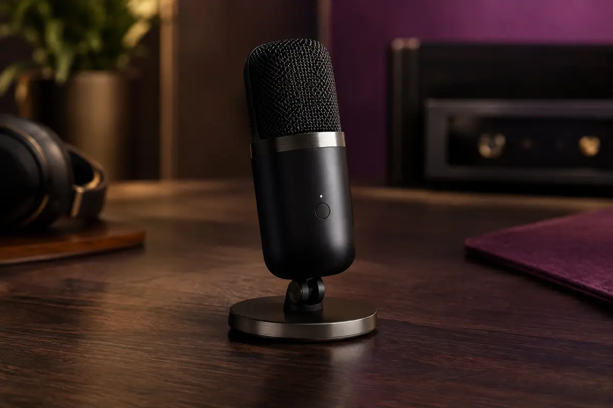 Microphone USB compact noir posé sur son support magnétique, sur un bureau de studio en bois sombre.