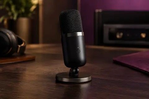 Microphone USB compact noir posé sur son support magnétique, sur un bureau de studio en bois sombre.