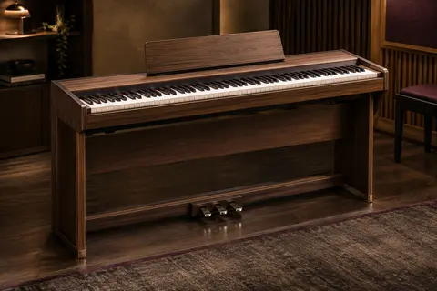 Piano numérique Rhymo à 88 touches avec support et triple pédale, présenté dans un studio chaleureux